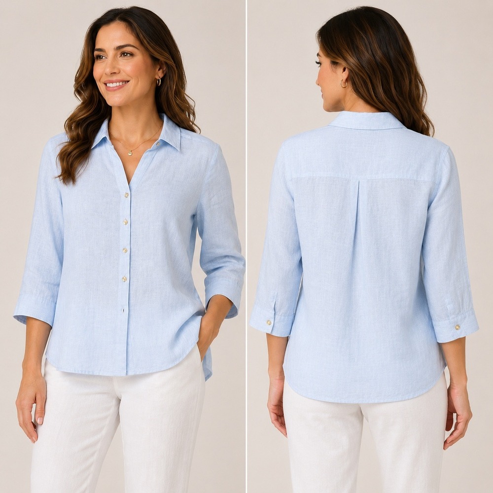 Chico's Light Blue 100% Linen Tunic Shirt 3/4 Sleeve Mother of Pearl Size 0 S